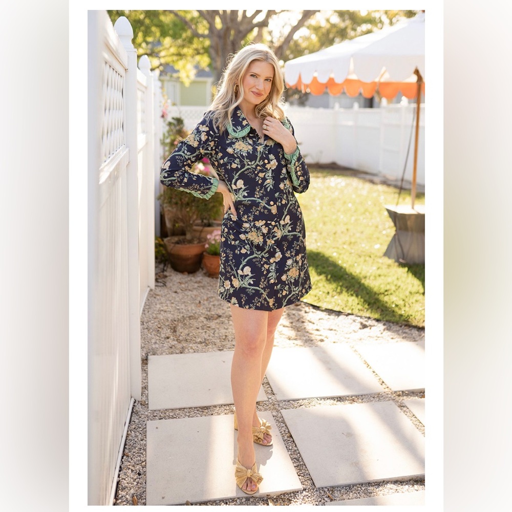 TUCKERNUCK Night Bloom Twiggy Dress with Green Trim and Gold Buttons Size Medium